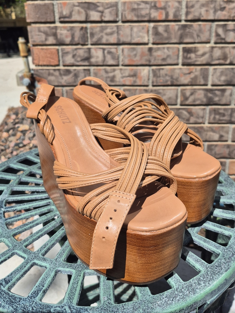 Schutz Marcella Wedge Tan Leather Strappy Platform Sandals Women's 8.5M - Picture 14 of 16